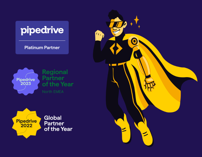 Zimple superhero with Platinum partner, Regional Partner of the Year and Global Partner of the Year badges